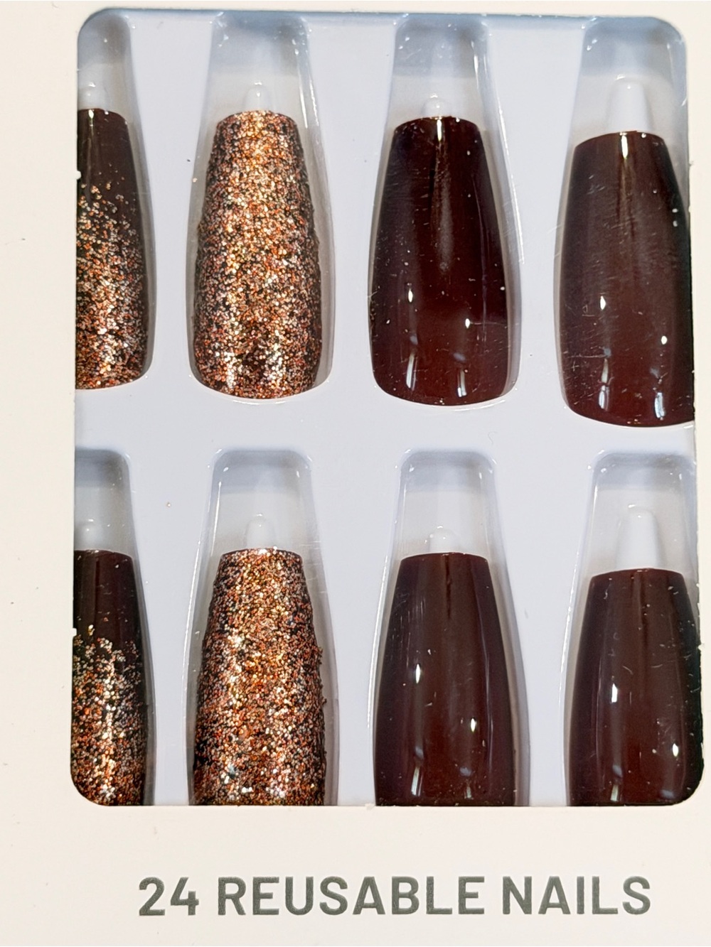 Burgundy French Tip Press On Nails | Rose Gold Glitter Coffin Glam Nails